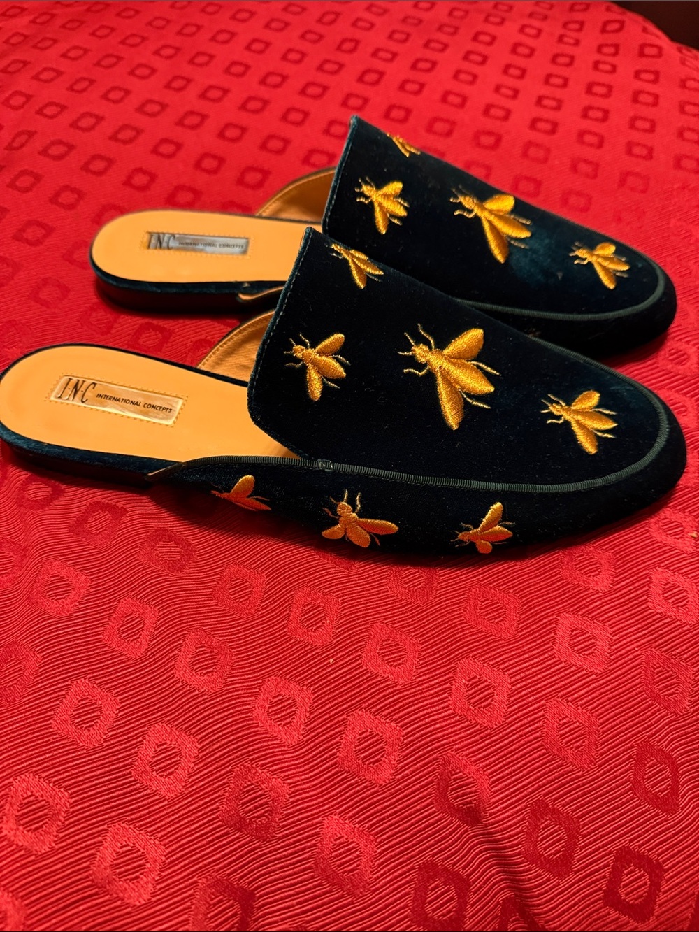 INC International Concepts Black Velvet Mules with Gold Bee Embroidery